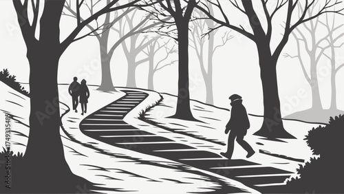 People Walking on Winding Snowy Path in Winter Park with Bare Trees Solitary Figure and Couple Enjoying Cold Weather for Wellness and Travel