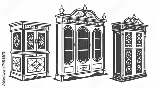 Ornate Vintage Cabinets and Antique Wardrobes Illustration for Elegant Home Decor, Interior Design, and Classic Furniture