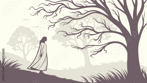 Solitary Woman Walking on Winding Path with Bare Trees Illustration for Personal Growth, Introspection, and Mental Wellness