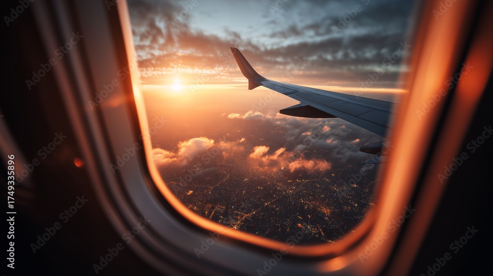 Naklejka premium Airplane wing with stunning view of city lights and clouds at sunset, concept for travel adventure, business transportation and aerial photography scenery