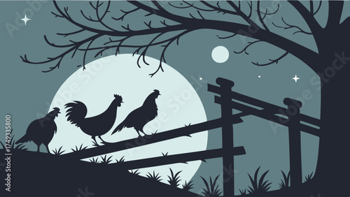 Silhouetted Farm Birds Perched on Fence Under Full Moon Peaceful Rural Night Scene for Agriculture and Nature Design Projects