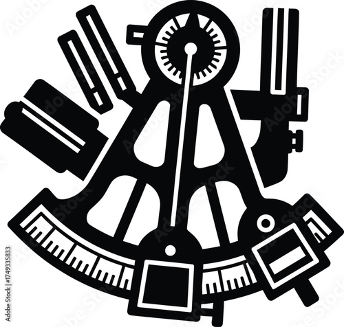 Black silhouette of a vintage sextant navigational instrument on a white background
