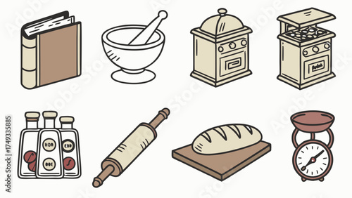 Create Delicious Homemade Recipes with Rustic Baking Tools and Ingredients. Hand Drawn for Food Blogs, Cookbooks, and Artisanal Bakeries.