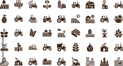 Farm, agriculture, tractor, field, barn, and crop icon collection, perfect for rural, organic farming, eco agriculture, harvest, and sustainable design.