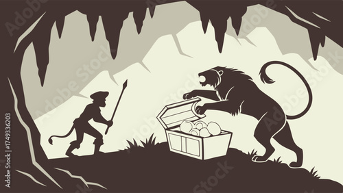 Brave Adventurer Battles Lion Guarding Gold Treasure in Dark Cave. Overcoming Business Challenges, Risk, and Financial Security