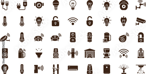 Smart home technology, wifi connected device icons collection showing automation, lighting, security, plugs, and electronic household appliance system symbols.