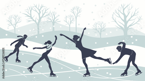 Graceful Women Silhouette Ice Skating on Outdoor Rink in Snowy Winter Landscape Illustration. Fun Seasonal Activity for Winter Holidays and Recreation.