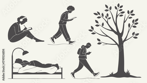 Young Adults' Daily Routines: Smartphone Use, Studying, Sleeping, Walking Outdoors. Modern Digital Habits, Screen Time Balance, and Mental Wellness Lifestyle.