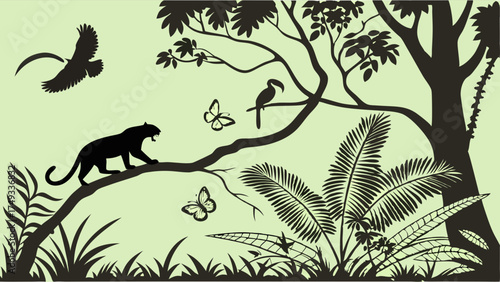 Exotic Jungle Wildlife Silhouette Vector Illustration with Panther Eagle Toucan and Lush Tropical Flora for Nature Conservation and Adventure Travel