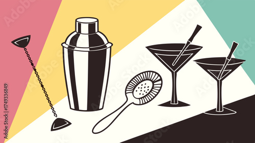 Retro Style Cocktail Bar Tools and Martini Glasses Graphic for Mixology, Home Bar, Party Invitations, Drink Recipes, and Beverage Industry Marketing