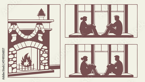 Couple Relaxing by Window in Cozy Winter Home with Festive Christmas Fireplace for Seasonal Marketing and Holiday Lifestyle Content