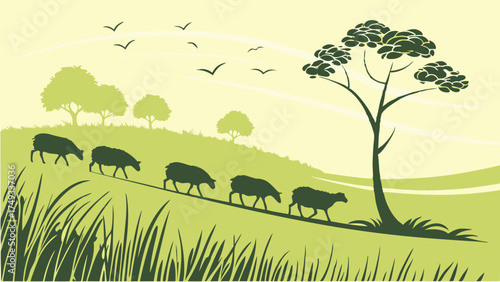Sheep Walking Uphill on Green Grassy Hill Rural Landscape Vector Illustration Peaceful Nature Scene for Agriculture and Ecology