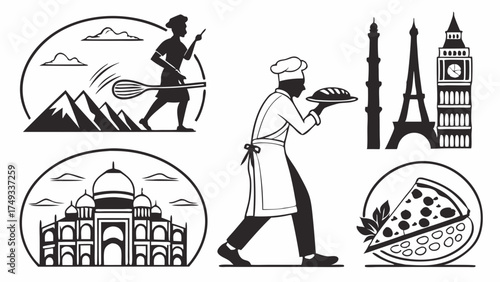 Travel and Food Vector Icons Collection Chef Global Landmarks Adventure Sports and Cuisine Illustrations for Tourism and Restaurant Marketing