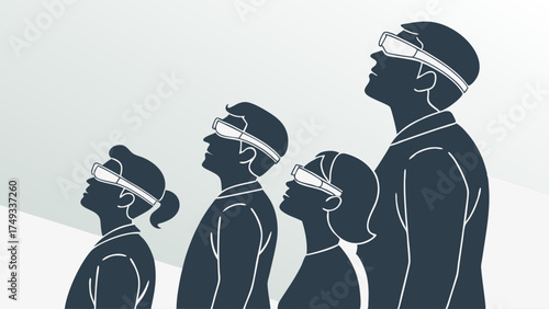 Diverse Group Wearing Protective Glasses Looking Up. Family and Friends Observing Future Trends, Innovation, and Educational Discovery.