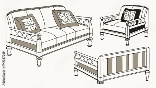 Hand Drawn Classic Furniture Illustrations: Sofa, Armchair, Bed. Ideal for Interior Design, Home Decor, and Residential Styling Projects.