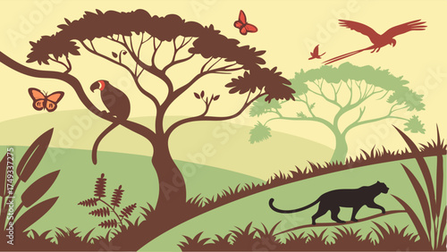 Serene jungle landscape with silhouetted toucan, panther, parrot, and butterflies among lush trees and foliage. Flat design tropical wildlife scene in earthy tones.