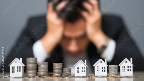 Stressed businessman with head in hands and toy houses, beside stack of coins showing declining real estate value, concept for financial crisis, mortgage risk and property market recession
