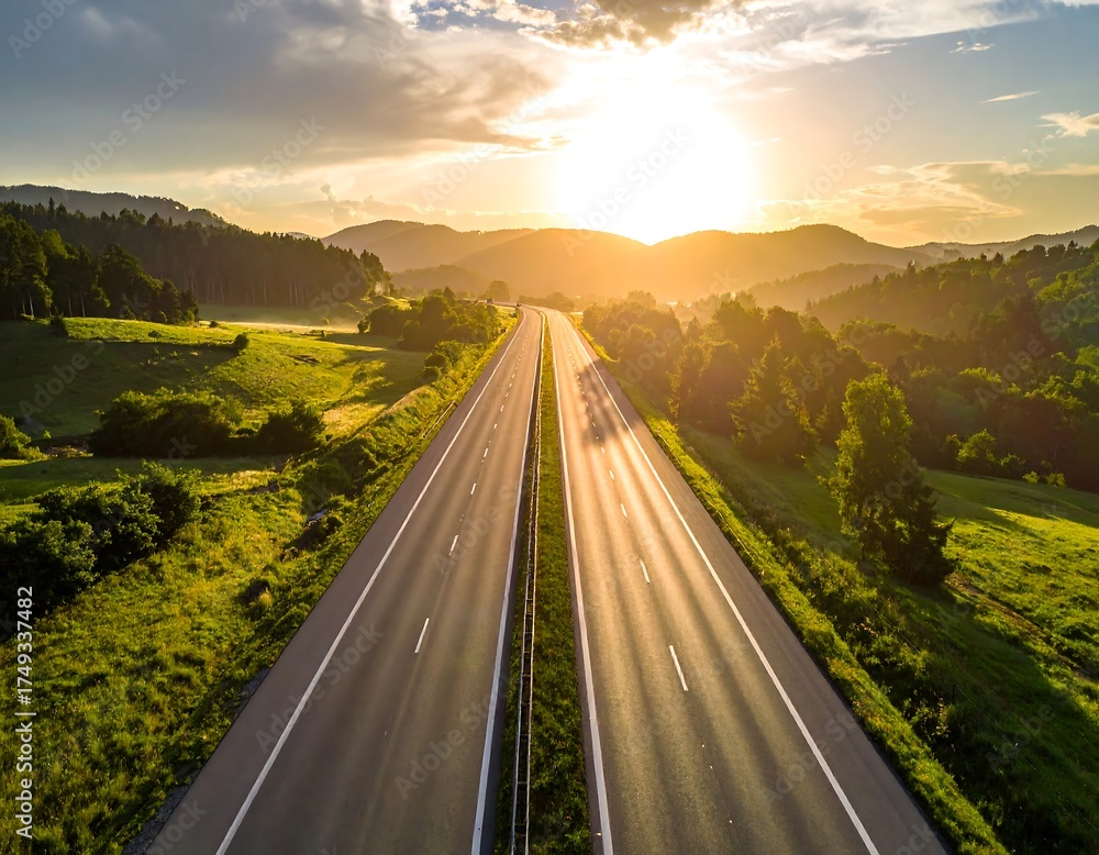 Fototapeta premium Aerial highway view at sunset, with golden sunlight casting long shadows across the road and illuminating the distant mountains