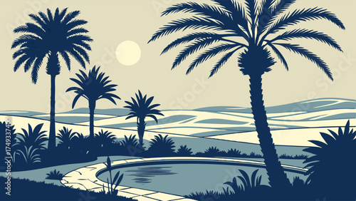 Exotic Desert Oasis Landscape with Palm Trees, Serene Water, and Sand Dunes. Tranquil Nature Scene for Travel, Relaxation, Wellness, and Luxury Marketing.