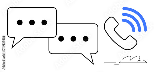 Speech bubbles with ellipses and a ringing phone receiver symbolize messaging, conversation, and communication. Ideal for connectivity, support, networking, customer service, technology