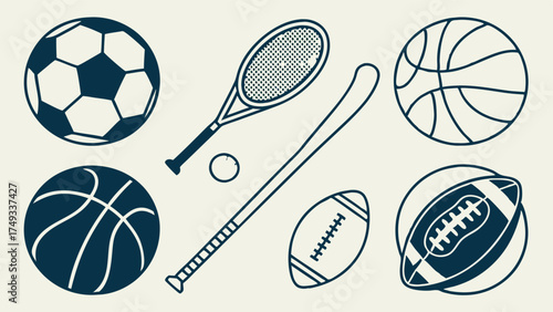 Monochrome vector line art illustration of various sports equipment including soccer, basketball, tennis, baseball, and football balls and gear.