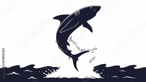 Dynamic monochrome illustration of a powerful great white shark breaching from the ocean waves, creating a dramatic splash. Marine predator silhouette.