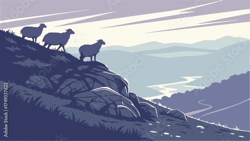 Three sheep on a serene mountain hillside overlooking a winding river valley. Stylized vector landscape illustration with cool blue and purple tones.