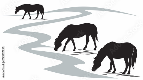 Monochrome vector illustration featuring three elegant black silhouette horses grazing by a winding river or path in a serene outdoor nature landscape, graceful equine artwork.