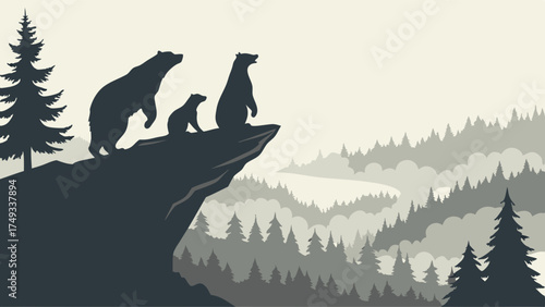 Wild bear family silhouette, two adults and cub, standing on a mountain cliff overlooking a vast misty pine forest. Minimalist vector nature landscape art.