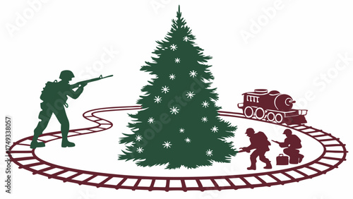 Green Christmas tree with white ornaments, a maroon toy train track, a standing soldier, two kneeling figures, and a steam engine. This festive holiday graphic.