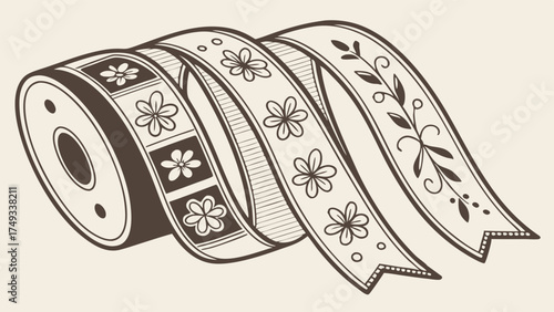 Beautiful vintage patterned ribbon roll illustration showcasing diverse floral designs, from square blocks with flowers to elegant leafy vines, perfect for crafts and gifts.