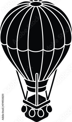 Classic black hot air balloon silhouette floating gracefully against a clean white background