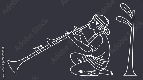 Elegant white outline drawing of a traditional Indian musician kneeling, skillfully playing a long, conical shehnai wind instrument, cultural folk music art.