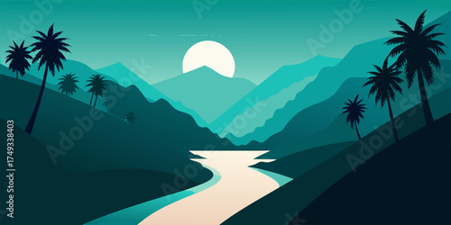 Tropical river valley with palm trees and sun vector