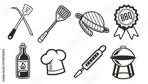 Black and white vector line art icons for barbecue and grilling. Features BBQ tools, meat, chef hat, wine, grill, and award ribbon for summer outdoor cooking.