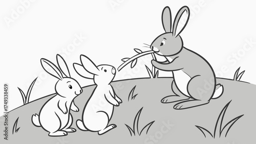 Charming grayscale cartoon illustration of an adult rabbit holding a leafy twig for two curious baby bunnies on a grassy hill, a sweet nature family moment.