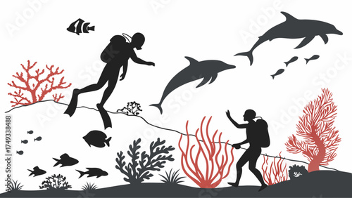 Underwater silhouette illustration of scuba divers exploring a vibrant coral reef with playful dolphins and diverse fish species in a two-tone flat design.