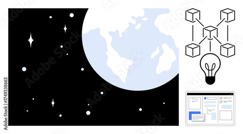 Earth viewed in space with stars, networked blocks, lightbulb for innovation, and digital interface layout. Ideal for technology, connectivity, innovation, global collaboration, blockchain