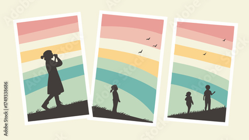 Three panels of children silhouettes exploring nature under a pastel rainbow sky. Kids with binoculars, birds flying, depicting childhood wonder and outdoor adventure.
