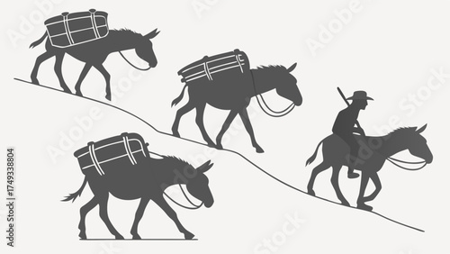 Black and white silhouette graphic of four donkeys and a rider ascending a steep mountain path. Three pack mules carry cargo, one man rides with a rifle.