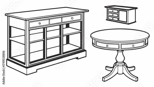Elegant classic wooden furniture line art illustration featuring a large display cabinet, a small chest of drawers, and a round pedestal table for home decor storage solutions.