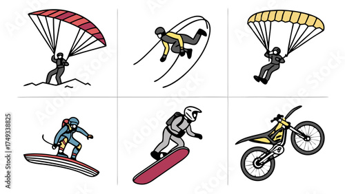 Six colorful hand-drawn illustrations of extreme sports. Featured are paragliding, skydiving, wakeboarding, snowboarding, and a dirt bike. Action adventure icons.