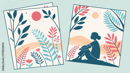 Serene minimalist flat design illustrations of nature landscapes, botanical elements, and a contemplative woman in calming pastel colors for well-being.