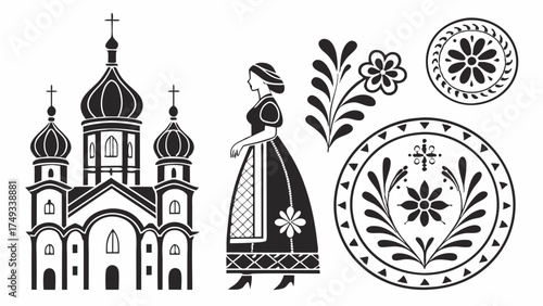 Black and white vector set of Ukrainian folk art featuring Orthodox church, traditional woman in dress, and decorative floral patterns for cultural designs.