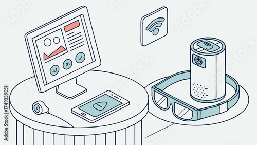 Clean isometric illustration of digital health monitoring with smart devices, wearable tech, AR glasses, and data on a computer and smartphone.