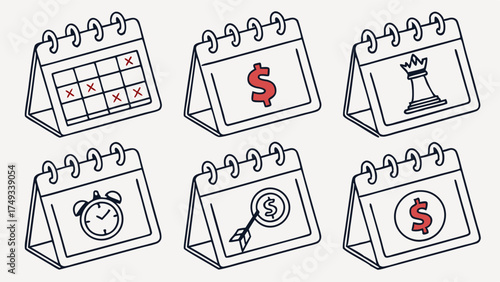 Six Hand Drawn Line Art Calendar Icons for Business Planning, Financial Strategy, and Time Management. Doodle Style Desk Calendars with Red Accents.
