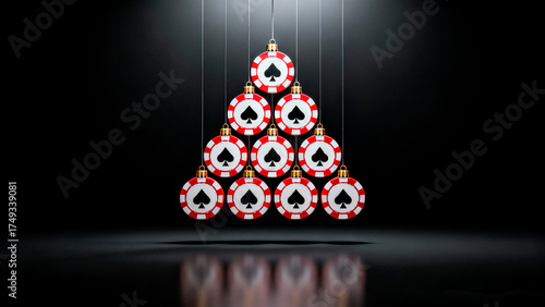 Festive holiday cheer with poker chip ornaments arranged in a Christmas tree shape against a sleek black backdrop, perfect for gaming promotions