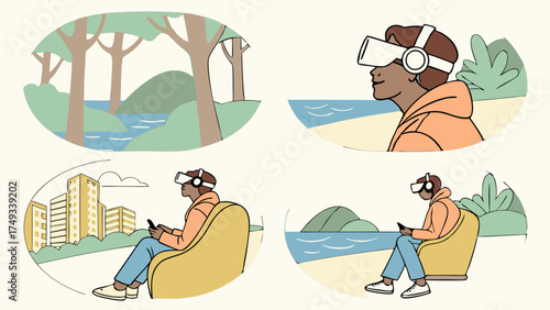 Flat illustration of a person using a VR headset to experience virtual nature, city, and beach scenes while relaxing in a beanbag chair.