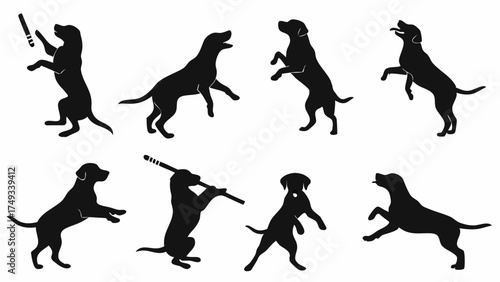 Black Labrador Retriever dog silhouette animation sprite sheet. Active lab in 8 different poses, standing, jumping, and playing with a stick. Isolated vector set.