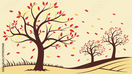 Vibrant autumn trees with red and yellow falling leaves blowing in the wind, a beautiful scenic seasonal landscape vector flat design illustration.